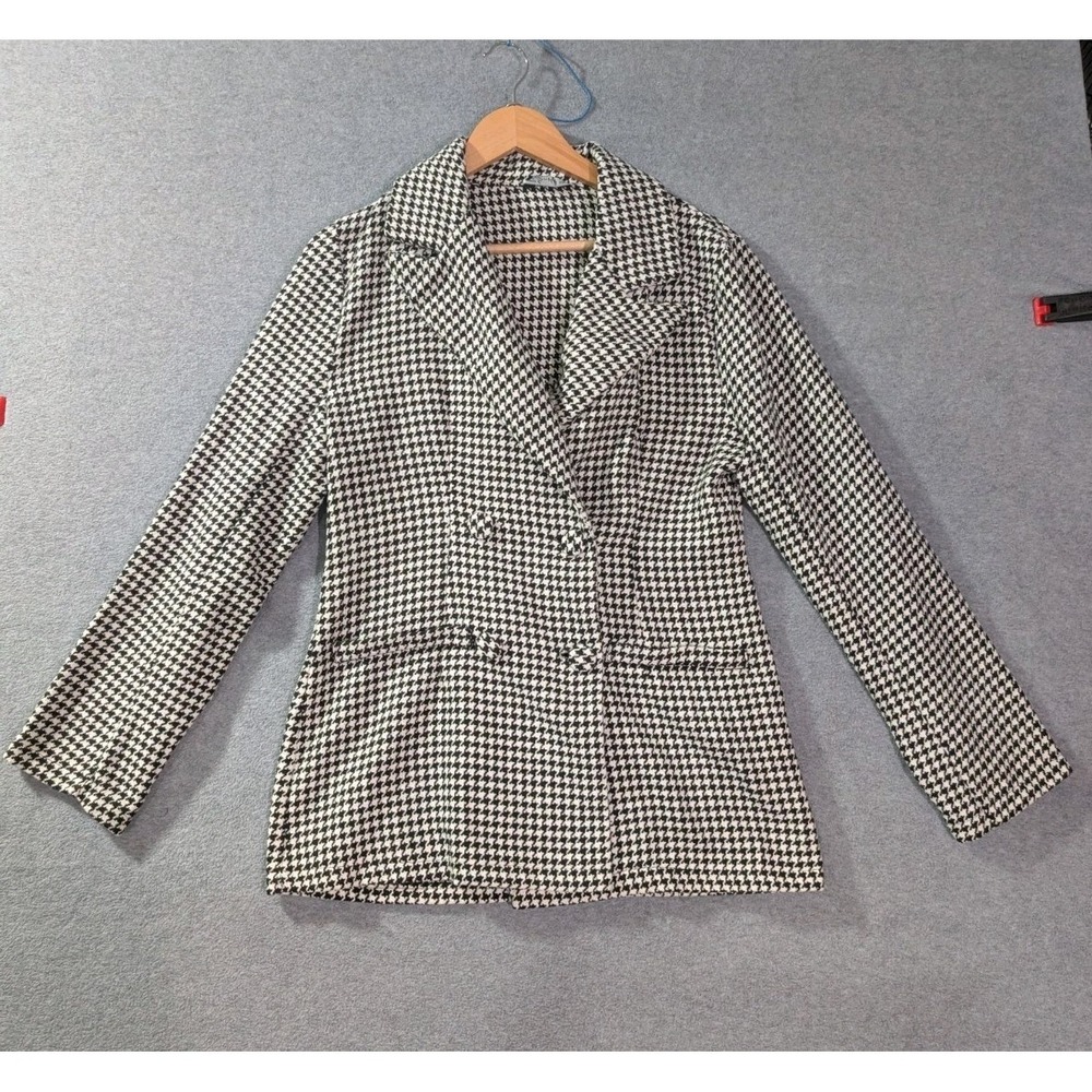 Simplee Houndstooth Blazer Jacket Women's Medium Black White Career Core - Picture 2 of 10